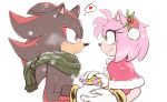  1boy 1girl aimy_neko amy_rose animal_ears animal_nose blush box bracelet brown_fur capelet closed_mouth dress english_commentary eyelashes fur-trimmed_capelet fur_trim furry furry_female furry_male gift gift_box gloves gold_bracelet green_eyes green_scarf hairband hand_up hands_up heart hedgehog hedgehog_ears hedgehog_girl holding holding_box jewelry leaf looking_at_another pink_fur pom_pom_(clothes) red_capelet red_dress red_eyes red_fur red_hairband scarf shadow_the_hedgehog simple_background smile snowing sonic_(series) speech_bubble standing two-tone_fur white_background white_gloves 