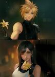  1boy 1girl absurdres arialla_draws armor bare_shoulders black_gloves black_hair blonde_hair blue_eyes blurry blurry_background breasts cloud_strife commentary couple earrings english_commentary final_fantasy final_fantasy_vii final_fantasy_vii_remake fingerless_gloves flower gloves highres holding holding_flower jewelry large_breasts light_blush long_hair looking_at_viewer night night_sky parted_lips pov red_eyes red_lips short_hair shoulder_armor signature single_bare_shoulder single_earring sky sleeveless sleeveless_turtleneck smile spiked_hair suspenders sweater swept_bangs tank_top teardrop_earrings tifa_lockhart turtleneck turtleneck_sweater upper_body white_tank_top yellow_flower 