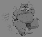 2023 anthro belly big_belly blush bodily_fluids bottomwear bulge clothing dialogue domestic_cat duo english_text felid feline felis goro_(mappy) male mammal mappy mappy_(character) moobs mouse murid murine navel obese obese_male overweight overweight_male rodent shirt shorts sweat text topwear weebdrawsnasty