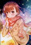  1girl absurdres blazer blurry blurry_background blush brown_eyes brown_hair buttons closed_mouth fingernails hair_ornament hand_up highres isshi_pyuma jacket lips long_sleeves looking_at_viewer medium_hair misaka_mikoto scan scarf school_uniform smile solo toaru_kagaku_no_railgun toaru_majutsu_no_index winter_clothes 