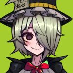  1girl black_headwear black_souls bow bowtie closed_mouth commentary cross-shaped_pupils green_background green_hair hair_over_one_eye hat hatter_(black_souls) koshou_shou_mitsu portrait purple_eyes red_bow red_bowtie short_hair simple_background smile solo straight-on symbol-only_commentary symbol-shaped_pupils top_hat upper_body 