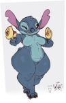 2024 alien anthro big_breasts blue_body blue_fur breasts crossgender digital_media_(artwork) disney experiment_(lilo_and_stitch) featureless_breasts featureless_crotch female fur gikowinko hi_res huge_hips huge_thighs lilo_and_stitch mtf_crossgender nude one_eye_closed short_stack solo stitch_(lilo_and_stitch) thick_thighs wide_hips wink