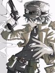  1girl androgynous belt black_eyes black_hair brown_jacket goggles goggles_on_headwear gun handgun hat highres holding holding_gun holding_weapon jacket kino_(kino_no_tabi) kino_no_tabi open_clothes open_jacket pouch short_hair simple_background smoke solo two-tone_background wa_noko weapon 