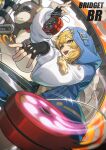  1girl bear black_gloves bridget_(guilty_gear) fingerless_gloves gloves guilty_gear guilty_gear_strive hood hoodie long_hair long_sleeves motor_vehicle motorcycle open_mouth smile standing sunglasses teeth yellow_eyes yo-yo zhiyan_li zipper 