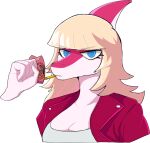 2024 5_fingers alpha_channel anthro blonde_hair blue_eyes breasts cleavage clothed clothing digital_drawing_(artwork) digital_media_(artwork) dinosaur eyelashes female fingers hadrosaurid hair i_wani_hug_that_gator jacket juice_box long_hair looking_at_viewer magenta_body magenta_scales mia_(iwhtg) multicolored_body multicolored_scales ornithischian parasaurolophus reptile scales scalie simple_background snout solo straw topwear transparent_background two_tone_body two_tone_scales unknown_artist white_body white_scales