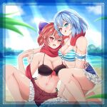 2girls :q absurdres beach bikini blue_eyes blue_hair blue_sky bow breasts cleavage cloud commentary english_commentary frilled_bikini frills ginari hair_bow highres large_breasts light_rays looking_at_viewer multiple_girls navel outdoors red_eyes red_hair red_scarf scarf sekibanki sekibanki_(dullahan_on_the_beach) short_hair sky striped_bikini striped_clothes swimsuit tatara_kogasa tatara_kogasa_(beach_umbrella_castaway) tongue tongue_out touhou touhou_lost_word yuri 