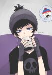  1boy beanie black_hair blue_eyes cross cross_earrings cup earrings episode_number fingerless_gloves gloves halloween_(owo) hat highres holding holding_cup jewelry male_focus mug nail_polish pom_pom_(clothes) pom_pom_beanie print_shirt shirt short_hair short_sleeves single_earring skull_print solo south_park stan_marsh t-shirt thought_bubble upper_body 