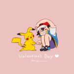  2boys artist_name ash_ketchum baseball_cap closed_eyes commentary_request english_text hachisen hat heart holding_hands jacket male_focus multiple_boys pikachu pink_background pokemon pokemon_(creature) red_headwear teeth 