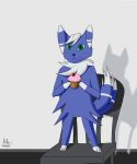 absurd_res ambiguous_gender anthro blue_body blue_fur chair cupcake feet food fur furniture furry_tail generation_6_pokemon green_eyes hair hi_res male_(lore) meowstic multicolored_body multicolored_fur nikomeow nintendo pokemon pokemon_(species) simple_background solo standing tail two_tone_body two_tone_fur white_hair