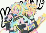  1boy 1girl black_sailor_collar blonde_hair bow_hairband brother_and_sister detached_sleeves english_text hairband headset holding holding_instrument holding_microphone instrument kagamine_len kagamine_rin keytar melps microphone pink_eyes sailor_collar siblings twins vocaloid white_background white_hairband 