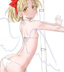  1girl arched_back arm_support ass bikini blonde_hair butt_crack closed_mouth commentary_request cowboy_shot flat_chest from_side gengetsu_(touhou) hairband light_blush light_frown looking_at_viewer nose outstretched_arms red_hairband s-a-murai short_hair shoulder_blades side-tie_bikini_bottom solo standing swimsuit touhou touhou_(pc-98) white_background white_bikini wings yellow_eyes 