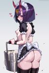  1girl alternate_costume apron ass bare_shoulders blush bob_cut breasts cum cum_bucket cum_in_container enmaided fate/grand_order fate_(series) frilled_apron frills horns looking_at_viewer maid maid_headdress oni purple_eyes purple_hair reagan_long short_hair shuten_douji_(fate) skin-covered_horns small_breasts smile solo waist_apron white_apron 