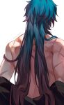  1boy artist_name back blade_(honkai:_star_rail) blue_hair commentary english_commentary facing_away from_behind gradient_hair honkai:_star_rail honkai_(series) kuro_lee long_hair male_focus multicolored_hair multiple_scars red_hair scar scar_on_arm scar_on_back solo topless_male twitter_username upper_body 