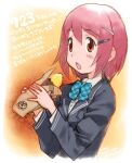  1girl bow bowtie eating food hair_ornament hairpin hinata_natsumi jacket keroro_gunsou looking_at_viewer orange_background orange_eyes pink_hair school_uniform shirt short_hair simple_background solo sweet_potato translation_request upper_body yoshizaki_mine 