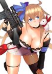  1girl absurdres animal armband asymmetrical_legwear bag battle_rifle black_jacket black_thighhighs blonde_hair blue_armband blue_bow bow breasts choker cleavage dress fal_(girls&#039;_frontline) ferret fn_fal gear_(gearba50) girls&#039;_frontline gun hair_bow highres holding holding_gun holding_weapon jacket long_hair rifle scope thighhighs trigger_discipline weapon white_background white_dress 