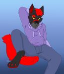 absurd_res anthro canid canine canis digital_media_(artwork) fur fury_(furythewolf) furythewolf grey_body grey_fur hair hi_res imply looking_at_viewer male mammal red_body red_fur simple_background smile solo tail wolf