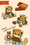 2024 ailurid apron biped black_eyes black_nose brown_body candy chibi chocolate clothing dessert dot_eyes english_text feral food hi_res holidays kemono mammal plushie red_panda shi_nominmin text valentine&#039;s_day