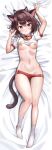  1girl :o absurdres animal_collar animal_ear_hairband animal_ears arm_up armpits artist_request ass_visible_through_thighs bed_sheet bell belt_collar black_hairband blush breasts breasts_out brown_hair brown_tail buruma buruma_pull cameltoe cat_ear_hairband cat_ears cat_tail clothes_lift collar collarbone commentary_request commission dakimakura_(medium) fake_animal_ears frown full_body groin gym_uniform hair_between_eyes hairband hand_up highres jingle_bell knee_up korean_commentary legs lifted_by_self looking_at_viewer lying mole mole_on_breast mole_under_eye neck_bell nipples no_shoes on_back original parted_lips prunechi red_buruma red_collar red_eyes red_shorts red_trim second-party_source sheet_grab shirt shirt_lift short_hair short_shorts shorts small_breasts socks solo stomach sweat tail thighs white_shirt white_socks 