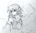  1girl ascot breasts chinese_commentary commentary_request detached_sleeves frilled_ribbon frills graphite_(medium) greyscale hair_ribbon hair_tubes hakurei_reimu highres medium_hair monochrome parted_lips ribbon scarf shirt sketch sleeveless sleeveless_shirt small_breasts solo touhou traditional_media xianyujunzhimiyingla 