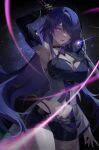  1girl acheron_(honkai:_star_rail) arm_up armpits black_choker black_shorts breasts choker cleavage highres holding holding_sword holding_weapon honkai:_star_rail honkai_(series) katana long_hair looking_at_viewer lux_(3725) navel purple_eyes purple_hair shorts solo sword weapon 