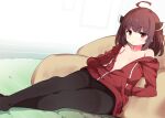  1girl ahoge bare_shoulders bean_bag_chair black_pantyhose blush breasts brown_hair carpet crossed_legs frown hair_ornament hands_in_pockets jacket looking_at_viewer lying no_shirt on_back pantyhose petenshi_(dr._vermilion) red_eyes small_breasts solo thighband_pantyhose touhoku_kiritan voiceroid 