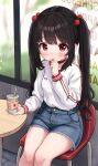  1girl black_hair blue_shorts blush breasts choker closed_mouth coffee_cup commentary comodomodo cup denim denim_shorts disposable_cup english_commentary feet_out_of_frame hair_bobbles hair_ornament highres long_sleeves looking_at_viewer lulla_(comodomodo) original puffy_long_sleeves puffy_sleeves red_choker red_eyes shirt short_shorts shorts sitting small_breasts solo textless_version twintails white_shirt 