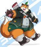 2024 anthro arrow_(weapon) bottomwear canid canine clothing fox hi_res hoodie iyo_(tamacolle) kemono kusosensei male mammal orange_body overweight overweight_male ranged_weapon shirt shorts solo tamacolle topwear weapon