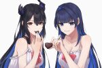 2girls absurdres asymmetrical_horns bare_shoulders black_hair blue_hair breasts candy chocolate colored_inner_hair demon_horns food heart heart-shaped_chocolate highres holding holding_chocolate holding_food hololive hololive_english horns long_hair looking_at_viewer mole mole_under_eye multicolored_hair multiple_girls nerissa_ravencroft otakuzi ouro_kronii red_eyes smile two-tone_hair uneven_horns valentine very_long_hair virtual_youtuber 
