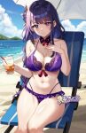  1girl bare_arms bare_shoulders beach_umbrella blue_sky breasts cloud commentary cup day detached_collar drinking_glass feet_out_of_frame felielle genshin_impact holding holding_cup large_breasts long_braid long_hair looking_at_viewer navel ocean purple_eyes purple_hair raiden_shogun sitting sky smile solo stomach thighs umbrella very_long_hair water white_umbrella 