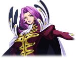  1girl arm_up artist_request ascot breasts cape coat code_geass code_geass:_lost_stories cornelia_li_britannia forehead game_cg gloves hair_intakes happy high_collar highres juliet_sleeves large_breasts lipstick long_hair long_sleeves looking_at_viewer makeup military_uniform non-web_source official_art outstretched_arm parted_lips puffy_sleeves purple_eyes purple_hair purple_lips red_coat sidelocks smile solo standing teeth uniform upper_body v-shaped_eyebrows white_ascot white_cape white_gloves 