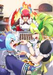  3girls anger_vein angry apron baking_sheet blue_hair brick_oven buttons chocolate cookie double-breasted dragon_girl dragon_horns dragon_tail duel_monster feeding fire food frilled_apron frills green_hair highres holding holding_food horns kitchen_dragonmaid laundry_dragonmaid long_hair multicolored_hair multiple_girls open_mouth oven parlor_dragonmaid red_hair tail two-tone_hair yata_masahara yu-gi-oh! 