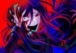 1boy black_eyes black_hair blood blood_from_mouth blood_on_face blue_background cassock crazy_eyes crazy_smile evil_smile fingernails hair_between_eyes hand_on_own_head himanemuitoma long_hair long_sleeves low_ponytail open_mouth orthodoxia_(vocaloid) ponytail red_background sharp_fingernails smile tadashi_kunai 