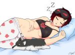  1girl animal bare_shoulders bed black_camisole black_hair black_shirt blush breasts camisole closed_eyes collarbone commission dated dog drooling english_commentary groin highres lying medium_breasts mehlewds midriff multicolored_hair navel on_side open_mouth pajamas pillow red_hair ruby_rose rwby shirt short_hair signature simple_background sleep_mask sleeping stomach streaked_hair thighs underboob white_background wide_hips zwei_(rwby) zzz 