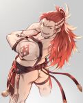  1boy apron ass back bara black_nails body_markings crossed_arms fundoshi granblue_fantasy grey_background highres japanese_clothes khell long_hair male_focus muscular muscular_male official_alternate_costume open_mouth red_apron red_eyes red_hair simple_background smile solo white_hair wilnas_(apron_of_ardor)_(granblue_fantasy) wilnas_(granblue_fantasy) 