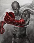  1boy artist_name bald belt black_belt black_eyes bodysuit cape clenched_hands closed_mouth gloves male_focus one-punch_man red_gloves saitama_(one-punch_man) solo standing vinrylgrave white_cape 