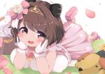  1girl :d blush breasts brown_eyes brown_hair dot_nose draph dress dress_flower elbow_rest gloves granblue_fantasy grass hands_on_own_cheeks hands_on_own_face happy highres horns large_breasts leg_up looking_at_viewer lying mizohana_(orb-01) on_stomach open_mouth oppai_loli outdoors petals pink_dress pink_footwear short_hair sleeveless sleeveless_dress smile stuffed_animal stuffed_toy tareme tiara white_dress white_gloves yaia_(granblue_fantasy) 