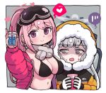  2girls bikini black_bikini blue_archive blush breasts cup eimi_(blue_archive) eimi_(swimsuit)_(blue_archive) es_(eisis) gloves goggles goggles_on_head grey_eyes grey_hair heart highres himari_(blue_archive) holding holding_cup hood hood_up jacket large_breasts long_hair long_sleeves looking_at_viewer multiple_girls open_clothes open_jacket open_mouth pink_hair purple_eyes scarf shaded_face simple_background sitting ski_goggles smikle smile spoken_heart sweat swimsuit upper_body very_long_hair wheelchair 