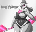 absurd_res big_breasts black_body black_sclera breasts da_ra_ra_ra eyelashes female future_pokemon generation_9_pokemon grey_background grey_body grey_hair hair hand_on_chest hi_res holding_object holding_weapon huge_breasts humanoid iron_valiant looking_at_viewer machine nintendo paradox_pokemon pink_eyes pokemon pokemon_(species) robot robot_humanoid simple_background solo text thick_thighs weapon white_background wide_hips
