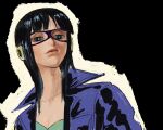  1girl black_background blue_eyes blunt_bangs close-up closed_mouth collared_jacket commentary_request eye_mask highres jacket linerynlasgalen looking_down medium_hair nico_robin one_piece solo upper_body 