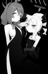  2girls ako_(blue_archive) ako_(dress)_(blue_archive) animal_ears arm_at_side arm_up bare_shoulders blue_archive blush breasts closed_mouth cowboy_shot dress greyscale halo hand_in_own_hair highres hina_(blue_archive) hina_(dress)_(blue_archive) kamo_(kamonabe_44) large_breasts long_hair looking_at_viewer medium_hair monochrome multiple_girls ponytail sideboob sleeveless sleeveless_dress small_breasts strapless strapless_dress 