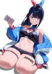  1girl bare_shoulders black_hair black_shorts blue_eyes blue_jacket breasts closed_mouth commentary criss-cross_halter gridman_universe hair_ribbon halterneck highres holding jacket leg_tattoo long_hair long_sleeves looking_at_viewer medium_breasts micro_shorts multicolored_clothes multicolored_footwear multicolored_jacket navel off_shoulder official_alternate_costume official_alternate_hairstyle onakaitai_ne ribbon shorts sitting solo ssss.gridman stomach takarada_rikka tattoo thick_thighs thigh_strap thighs wariza white_background 