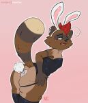 absurd_res anthro anus big_butt blush bunny_costume butt clothing costume excited hi_res katxfish latex male mammal playboy_bunny plug_(sex_toy) plugged procyonid raccoon raised_tail sex_toy solo tail thick_thighs tight_clothing
