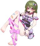  1girl absurdres bandaid bandaid_on_arm bandaid_on_leg barefoot breasts candy chocolate chocolate_on_body dress feet food food_on_body green_hair heart heart-shaped_chocolate highres idolmaster idolmaster_million_live! knees_up looking_at_viewer medium_breasts melting mouth_hold multicolored_clothes multicolored_dress nagayoshi_subaru off-shoulder_dress off_shoulder pink_ribbon red_eyes ribbon shaded_face simple_background solo toes tutimaru0730 white_background 