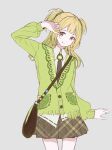  1girl :d bag blonde_hair blunt_bangs brown_bag brown_eyes brown_necktie brown_skirt closed_mouth collared_shirt colored_tips cowboy_shot denim dot_nose flat_color food food_print fruit fruit_print green_hair green_jacket grey_background gyaru hair_tie hand_up happy head_tilt highres jacket jeans kiwi_(fruit) kiwi_journey_(shining_nikki) kiwi_print kiwi_slice long_hair long_sleeves looking_at_viewer miniskirt multicolored_hair necktie nikki_(series) pants plaid_clothes plaid_skirt pleated_skirt puffy_long_sleeves puffy_sleeves ribbon-trimmed_shirt ribbon_trim shining_nikki shirt shoulder_bag simple_background skirt smile solo standing sweater_jacket tareme tie_clip tongue tongue_out torn_clothes torn_jeans torn_pants two-tone_hair two_side_up v-neck white_shirt youyidianqingming 