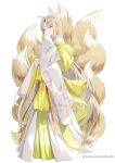  1girl animal_ears blonde_hair blush breasts fox_ears fox_girl fox_tail grey_eyes hair_ornament hairclip highres japanese_clothes kimono kitsune kyuubi large_breasts long_hair long_sleeves looking_at_viewer mature_female multiple_tails original print_kimono sakuma_shiki simple_background smile solo tail two-tone_kimono very_long_hair white_background white_kimono wide_sleeves yellow_kimono 