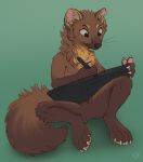  2020 anthro brown_body brown_fur creating_art featureless_crotch fur green_background head_tuft holding_object kebi mammal marten mustelid musteline neck_tuft notched_ear nude pine_marten simple_background sitting solo tuft whiskers 