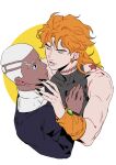  2boys birthmark black_eyes black_nails black_tank_top blonde_hair cassock closed_eyes dark-skinned_male dark_skin dio_brando ear_birthmark earrings enrico_pucci fingernails flat_color hand_on_another&#039;s_chest hand_on_another&#039;s_face highres hoop_earrings jewelry joestar_birthmark jojo_no_kimyou_na_bouken lighthouse_(lt_yummy) long_fingernails long_hair male_focus medium_hair multiple_boys muscular muscular_male priest short_hair stone_ocean tank_top tight_top very_short_hair white_background white_hair yaoi yellow_background 