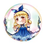  1girl :t absurdres annoyed back_bow bare_shoulders beret blonde_hair blue_bow blue_bowtie blue_brooch blue_dress blue_sleeves blue_wrist_cuffs bow bowtie brown_eyes bubble bubble_print bubbly_voyage_(infinity_nikki) buttons cheek_squash chibi chinese_commentary closed_mouth collared_dress commentary_request detached_sleeves dot_nose dress eyelashes frilled_dress frilled_sleeves frilled_wrist_cuffs frills hair_rings hat hat_bow highres in_bubble infinity_nikki kneeling light_blush medium_dress nikki_(nikki) nikki_(series) pout qingniaoyi short_hair_with_long_locks short_sleeves sidelocks simple_background solo star_(symbol) strapless strapless_dress striped_bow striped_clothes striped_dress tareme vertical-striped_clothes vertical-striped_dress wavy_hair white_background white_hat wrist_cuffs 