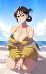  1girl :d absurdres akiaji_margo_(character) badge barefoot beach bikini blue_sky breasts brown_eyes brown_hair button_badge cloud cloudy_sky collarbone commentary commission earclip earrings english_commentary fingernails folded_ponytail hair_between_eyes hair_ornament hairclip highres indie_virtual_youtuber jacket jewelry kopam large_breasts long_hair looking_at_viewer mole mole_on_breast mole_on_collarbone mole_under_eye navel off_shoulder outdoors own_hands_together sitting sky smile solo stud_earrings swimsuit thighs virtual_youtuber water yellow_bikini yellow_jacket 