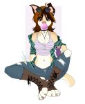  2020 4_toes anthro breasts brown_eyes brown_hair canid canine canis clothed clothing digital_media_(artwork) domestic_dog female fingers hair mammal midriff navel sitting solo toes wolflady 